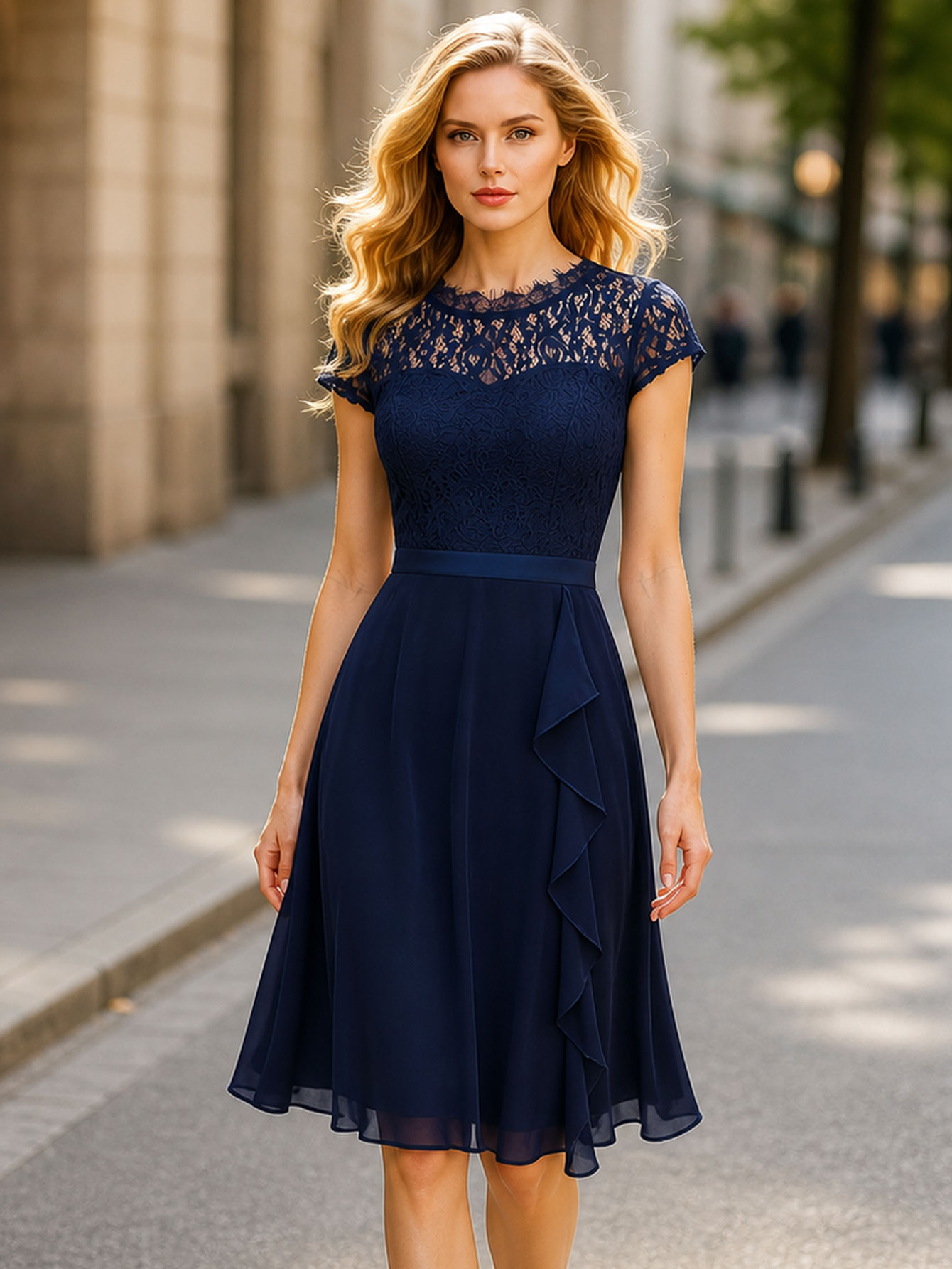 French Vintage Floral Midi Dress - Women Casual Cocktail Crew Neck Lace
