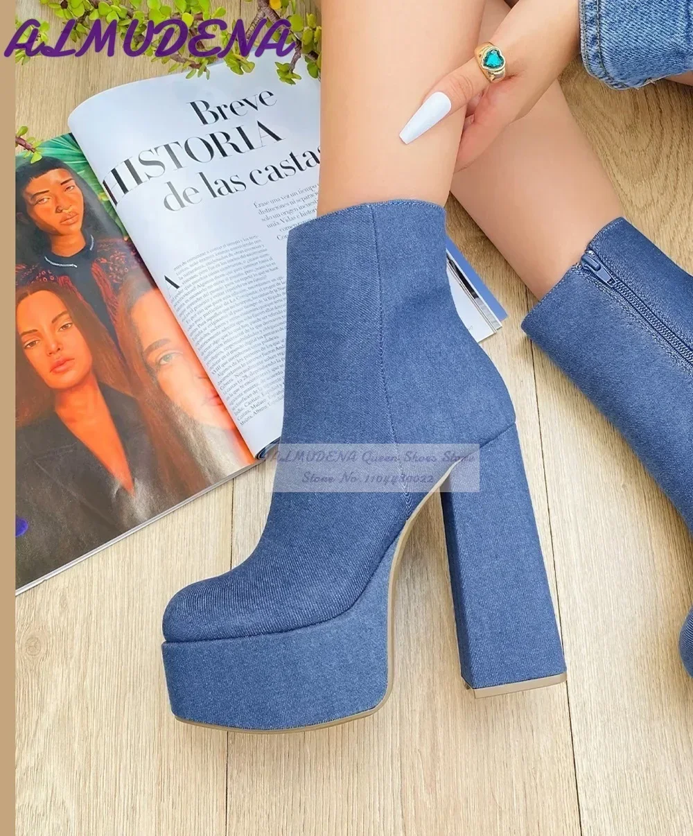 Jeans - ALMUDENA Blue Denim Block Heels Ankle