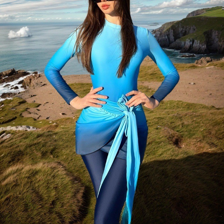 Skirts - Blue Long Sleeve Swimsuit High Neck