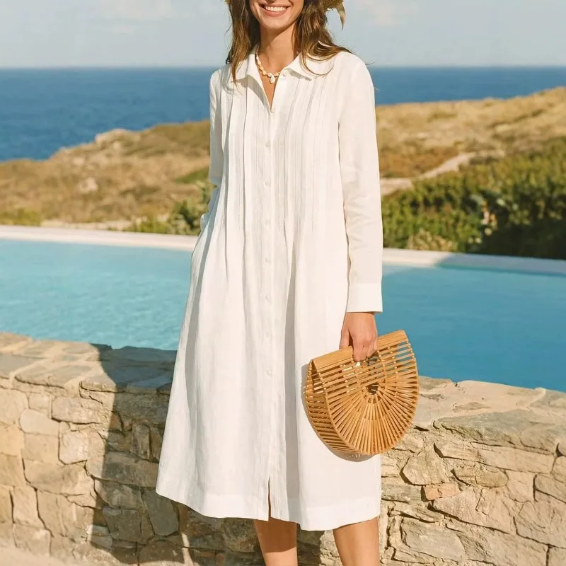 European Solid Long Dress Loos - Casual Loose Linen Shirt Dress review and price