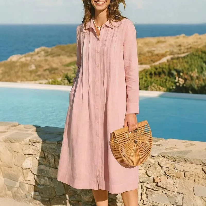 European Solid Long Dress Loos - Casual Loose Linen Shirt Dress review and price