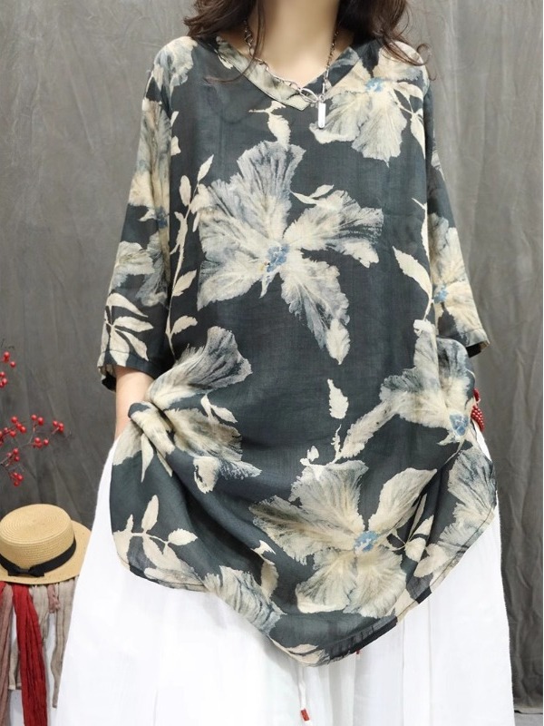 Retro Artistic Linen Print Shi - Casual Loose Linen Shirt Dress review and price