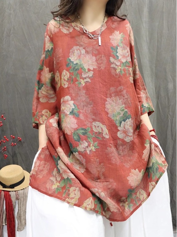 Retro Artistic Linen Print Shi - Casual Loose Linen Shirt Dress review and price