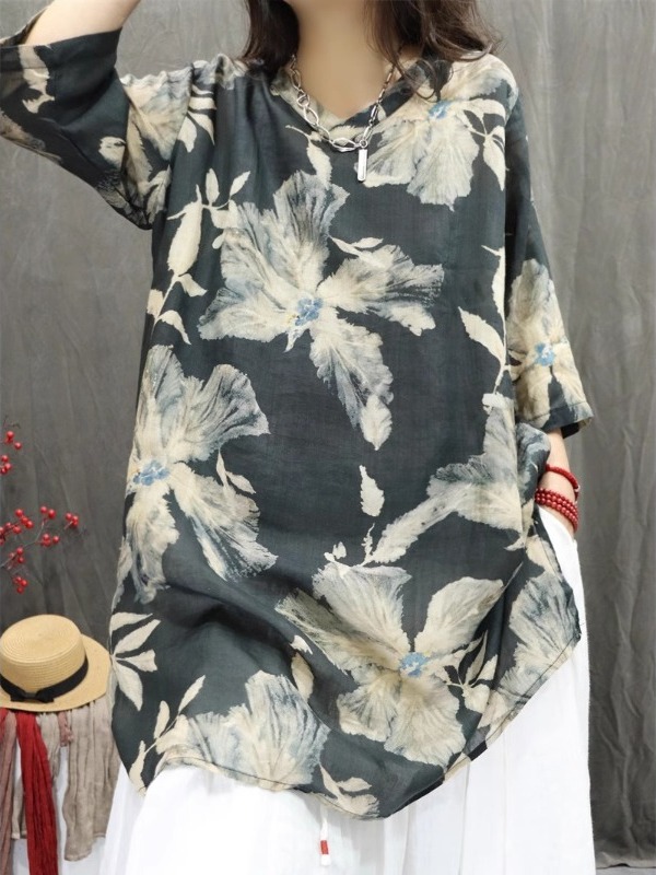 Retro Artistic Linen Print Shi - Casual Loose Linen Shirt Dress review and price