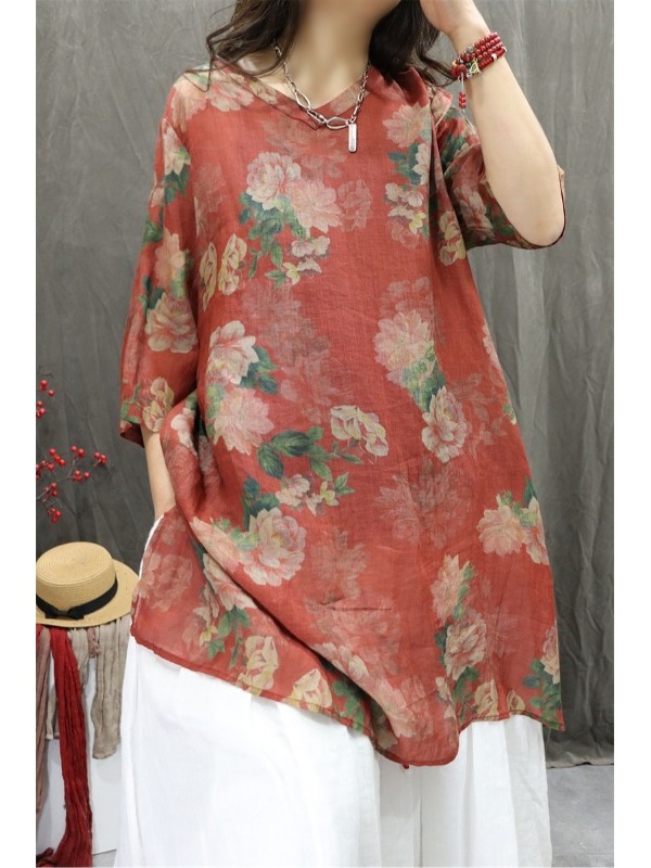 Retro Artistic Linen Print Shi - Casual Loose Linen Shirt Dress review and price