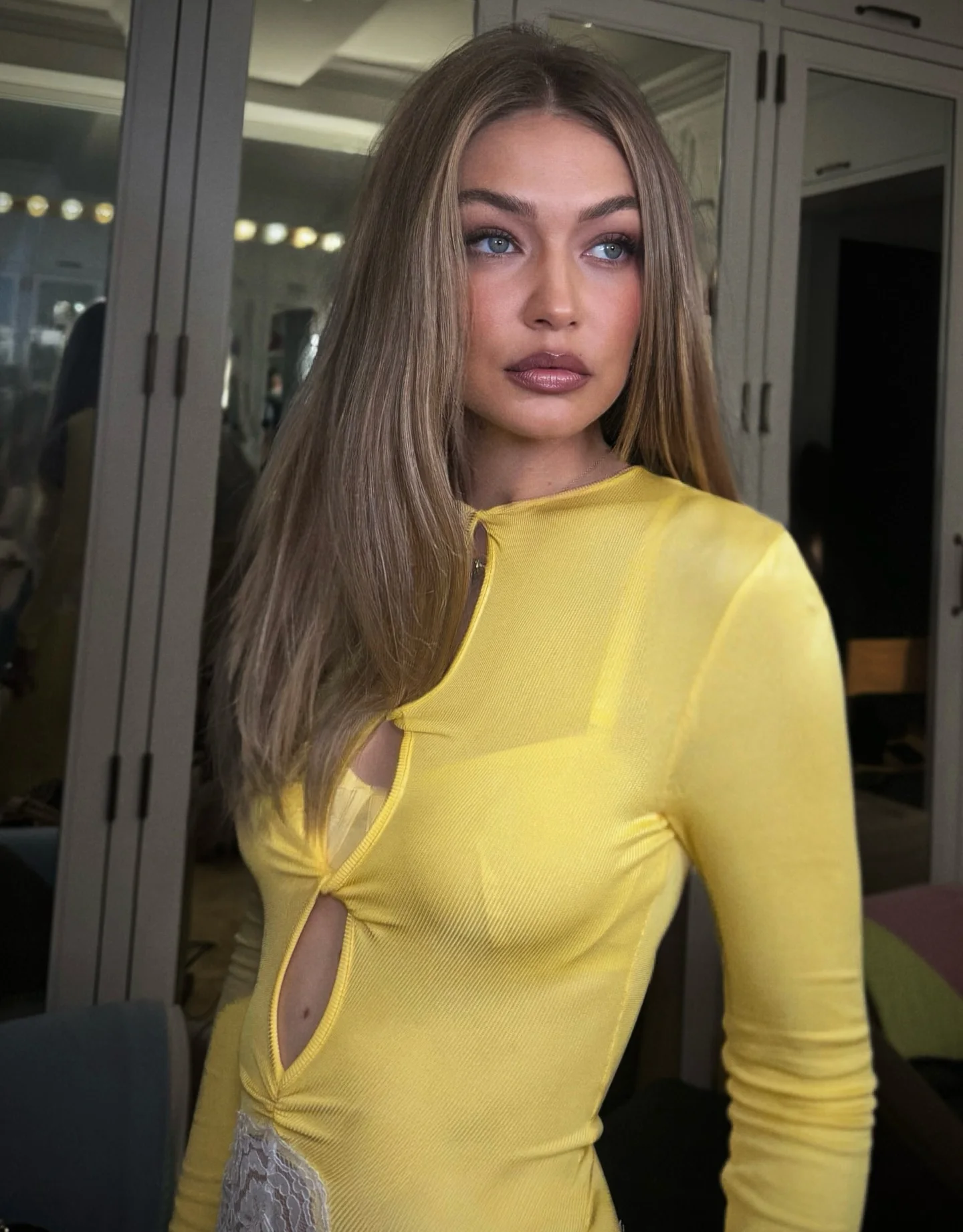 Women Yellow Lace Cutout Long  - Bodycon Long Sleeve Ribbed Dress review and price