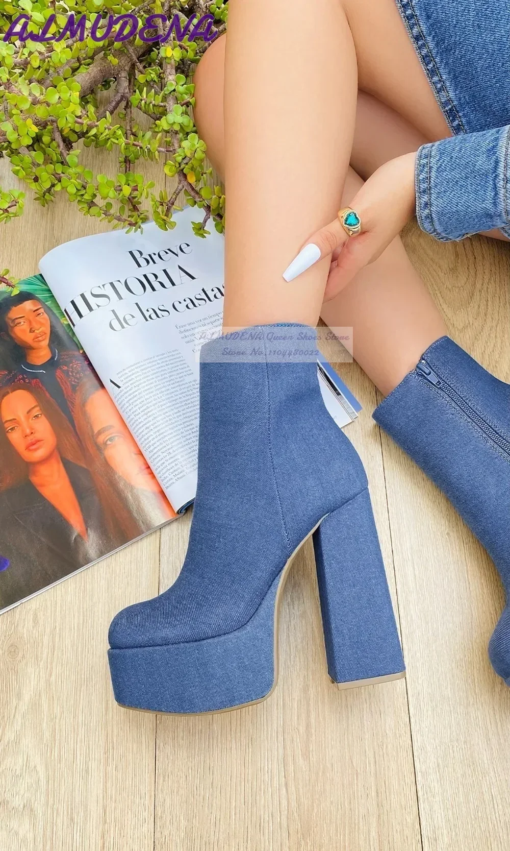 ALMUDENA Blue Denim Block Heel - Jeans review and price